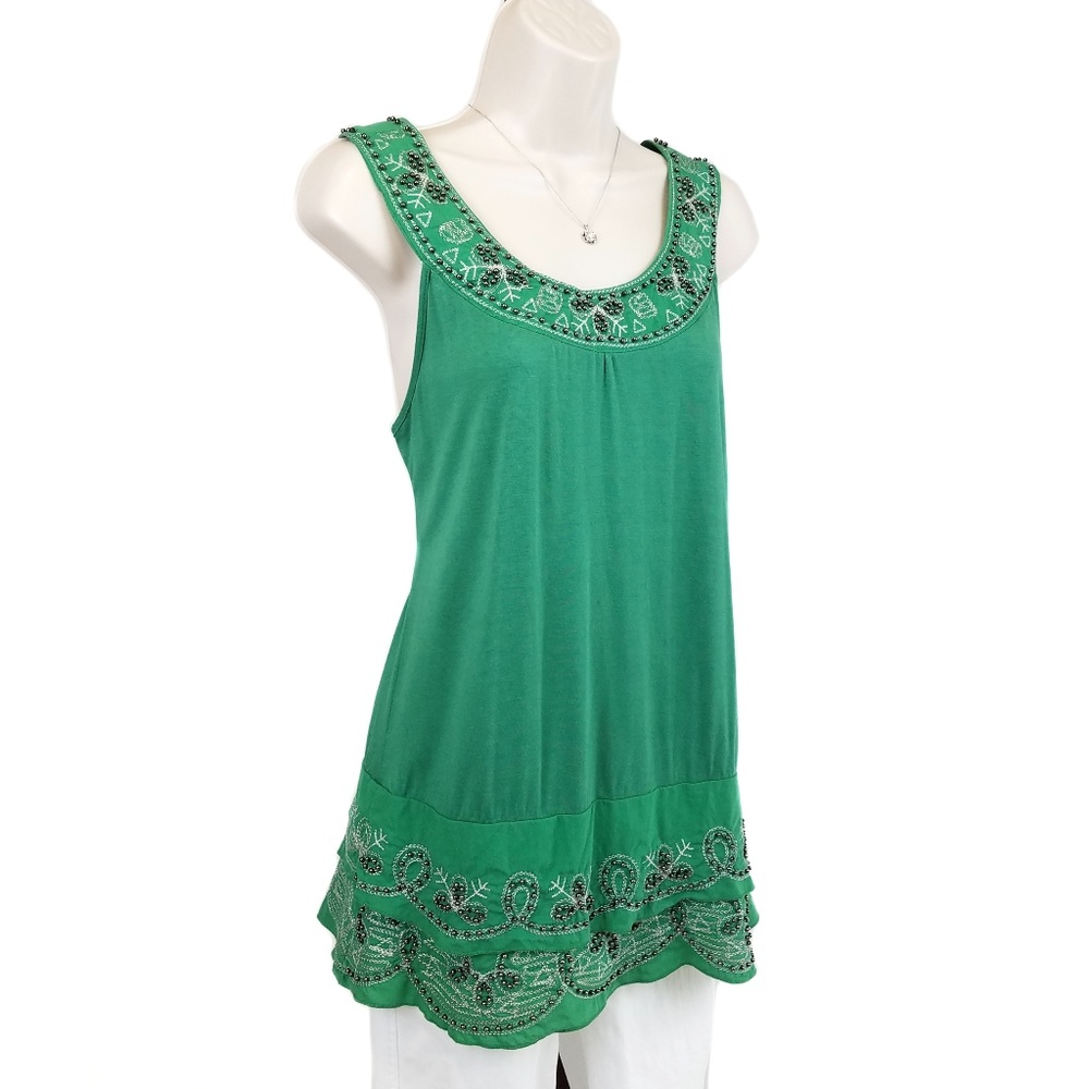 Anthropologie halter tunic top beaded green L